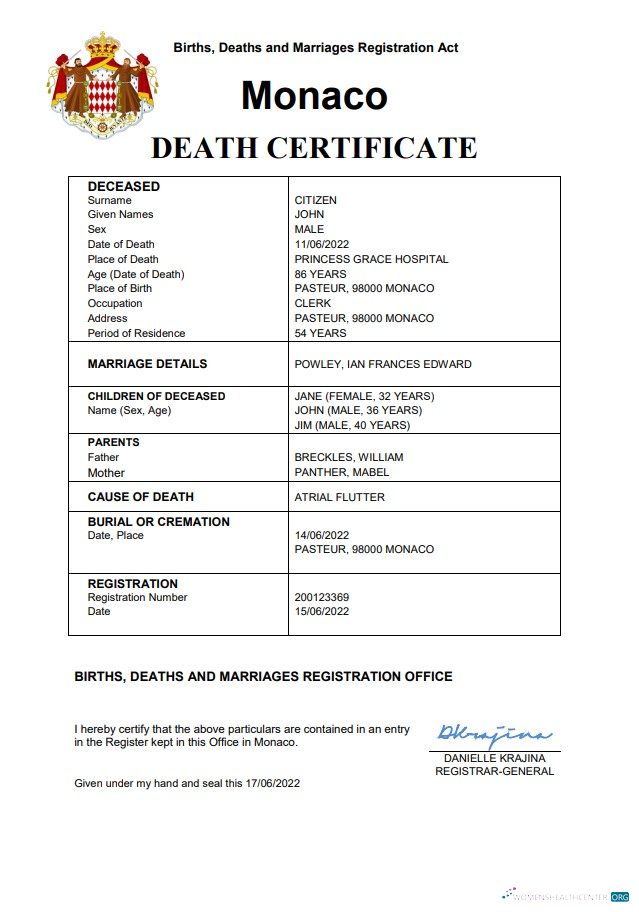 Download Monaco vital record death certificate Word and PDF template Photoshop template